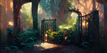 An Open Iron Gate Leads To A Charming Secret Garden Surrounded By Ivy Covered Trees, 3D Rendering.