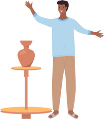 Wall Mural - Indian man emotionally tells or sings actor declaims. Young smiling asian male character isolated on white standing at table with authentic vase. Guy pointing somewhere with hand, talking to somebody