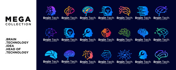 Poster - Head Tech Logo set, Pixel Head logo concept vector, brain logo, technology brain Robot Technology Logo Template design vector illustration