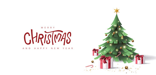 Wall Mural - merry christmas banner with decorated christmas tree