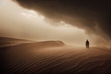 People In Sand Dune Terrain Over Terrible Dusty Cloudy Sky