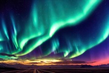 Aurora Borealis Wavy Lights In Night Starry Sky Over Road Highway
