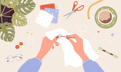 Wall Mural - Female hands sew a button. Woman create outfit. Top view. Needlework and hobbies. Handmade clothes. Fashion designer or dressmaker. Vector illustration in flat cartoon style.