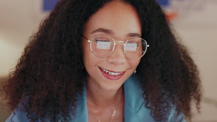 Wall Mural - Black woman, computer and glasses reflection in office, working on web coding, reading or planning business schedule. Female worker from Brazil smile, pc screen and online work in company workplace.