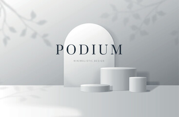 Poster - Podium stand, 3d white studio stage for product presentation. Minimal platform, pedestal and ach frame, cylinder display mockup, wall scene with leaves branches shadows. Vector background