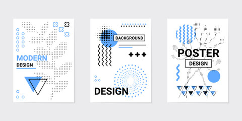 Poster - Abstract design posters, graphic shapes. Fashion geometric elements, modern line art circle triangle and square. Contemporary halftone white and blue colors. Vector minimal banners set