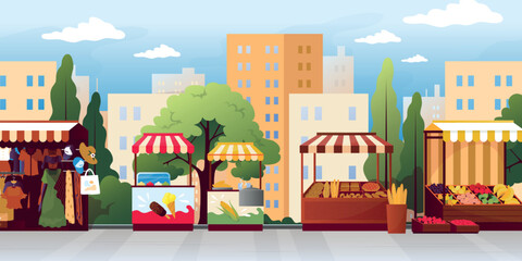 Wall Mural - Street market. Farm food booth. Fresh fruits and vegetables kiosk with striped roof canopy. Outdoor marketplace. Ice cream and corn stall. Vector cartoon urban market landscape background