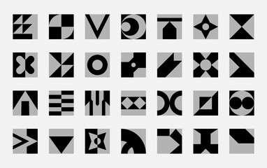 Poster - Geometric shapes, abstract logo. Square minimal poster, modern black and white pattern, monochrome art collage. Contemporary mosaic, trendy patchwork. Vector simple design illustration