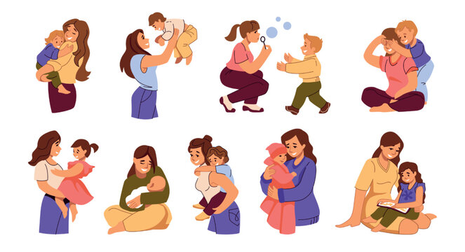 Wall Mural - Mother Day. Mom with baby child. Woman hugging kid. Spring family holiday. Children play and read. Female holding newborn toddler. Doodle people embraces. Vector sketch elements set