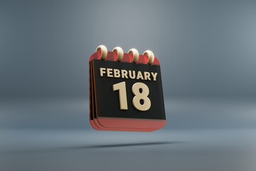 Aufkleber - Standing black and red month lined desk calendar with date February 18. Modern design with golden elements, 3d rendering illustration. Blue gray background..