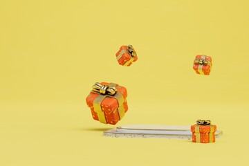 Poster - a catwalk to place products or text around which are red gift boxes on a yellow background. copy paste. 3D render