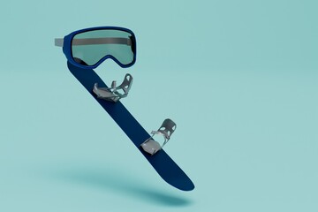 the concept of winter sports. snowboard and protective mask on a turquoise background. 3D render