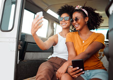 Selfie, Road Trip And Friends Live Streaming On Social Media With Phone During Travel Holiday In A Van In Jamaica. African Women With Photo On Mobile On Vacation In Car For Camping In Summer Together
