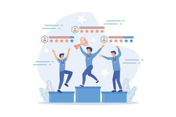 Poster - Tiny people winners sportsmen on podium with rating stars. Sports rating system, team player rating, competitive strength metrics concept, flat vector modern illustration