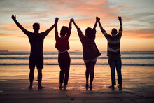 Beach, Celebration And Friends Silhouette, Sunset Horizon And Ocean For Night, Youth And Adventure Lifestyle. Freedom, Group People Shadow Holding Hands In Dark Sea With Orange Background Mock Up
