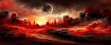 Abstract Dark Red Background, Dramatic Red Sky, Red, Banner, Clouds, Sun, Moon