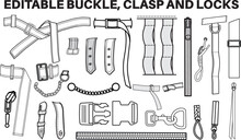 Buckles, Sliders And Clasps Flat Sketch Vector Illustration Set, Different Types Bag Accessories, Locks And Buckles For Back Packs, Climbing Equipment, Garments Dress Fasteners And Clothing Belt