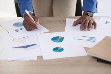 Poster - Businessman, hands and data on paper, analytics and graph for accounting in finance business on desk. Black man, working and writing on document for financial strategy, planning and economy of market