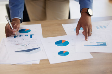 Businessman hands, paperwork graphs and planning annual report, data analyst research and office budget. Closeup chart documents, strategy and analytics progress, financial economy and stats review