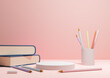 Pastel, light red, salmon pink 3D illustration back to school product display podium or stand, horizontal image from the side with pencils and books on table for product photography background