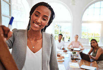 Team, black woman and brainstorming writing on board for team meeting, idea or smile for planning or strategy in office. Group, teamwork or creative conversation, talk or discuss project in workspace