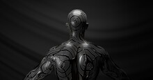 A Beautiful Male Face And Body Of An Athlete, A Bodybuilder Made Of Futuristic Material, Metal, Liquid, Gold. Fantasy. 3 D Render