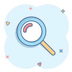 Poster - Loupe sign icon in comic style. Magnifier vector cartoon illustration on white isolated background. Search business concept splash effect.
