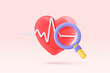 3d red heart with white pulse line with magnifier monitor. heartbeat or cardiogram for healthy lifestyle, pulse beat measure, cardiac assistance, medical healthcare. 3d vector icon render illustration