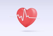 3d Red Heart With White Pulse Line On Background. Heartbeat Or Cardiogram For Healthy Lifestyle, Pulse Beat Measure, Cardiac Assistance, Medical Healthcare Concept. 3d Vector Icon Render Illustration