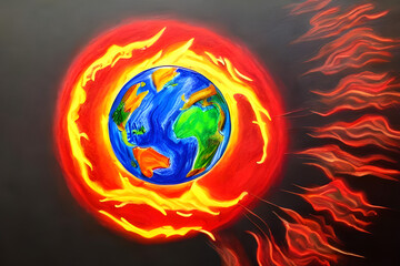 Wall Mural - burning earth globe west hemisphere painted by a child with crayons - children drawing - end of the 