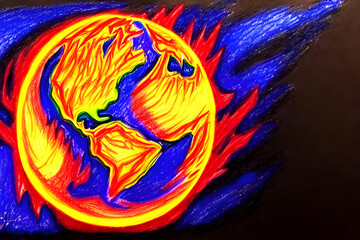 Wall Mural - view of planet earth burning in space red and blue painted by a child with crayons - children drawin