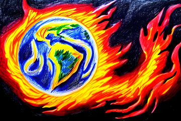 Wall Mural - ecological disaster of fires on planet earth painted by a child with crayons - children drawing - de