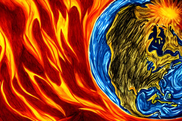 Wall Mural - burning earth globe painted by a child with crayons - children drawing - end of the world - death pl