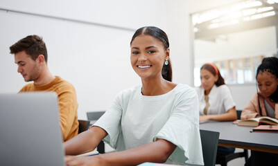 Poster - College student portrait, lecture classroom and laptop typing notes, learning and education for school, campus and university. Happy woman studying computer tech at desk for exam, knowledge and test