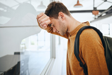 Poster - Burnout, depression or mental health with man student from anxiety or exam stress for education, college or university. Sad, headache or scared male thinking about fail, problem or project deadline