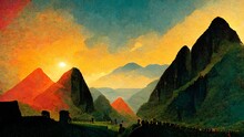 Beautiful Colorful Illustration Of The Green Hills With A Warm Orange Sunset