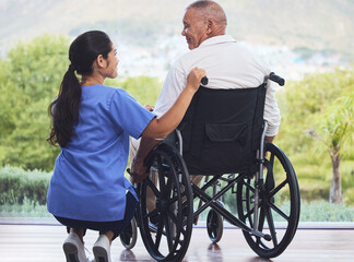 Poster - Healthcare, disability and man in wheelchair with nurse on retirement or nursing home patio. Senior care, happy disabled grandpa and woman caregiver with smile enjoying the view at hospital or clinic