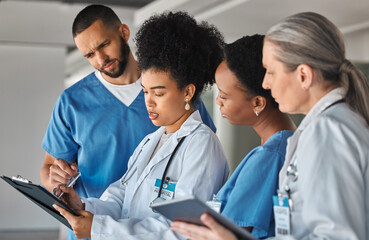 Poster - Doctor schedule, meeting and medical worker talking to hospital team about healthcare agenda. Group of medicine employees in communication about collaboration and teamwork on paper in clinic