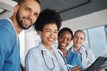 Poster - Medicine, doctors and healthcare team at work with smile for medical portrait, diversity and teamwork in Canada hospital. Trust, collaboration or cardiology with nurse, worker or clinic employees