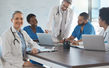 Poster - Healthcare, medicine and teamwork with a woman leader or doctor and team in a meeting for research and strategy. Collaboration, innovation and medical with a hospital group at work in the boardroom