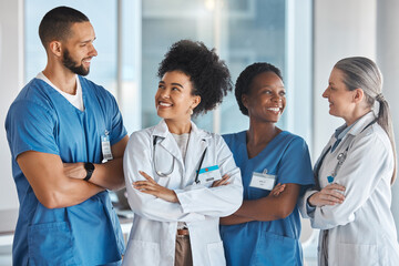 Canvas Print - Healthcare, medicine and teamwork with a doctor, nurse and health workers working as a team in the hospital. Collaboration, medical and trust with a healthcare group at work in a clinic for care