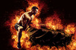 © zamuruev - Muscular fitness shirtless man moving large tire in flames, concept lifting, workout cross training