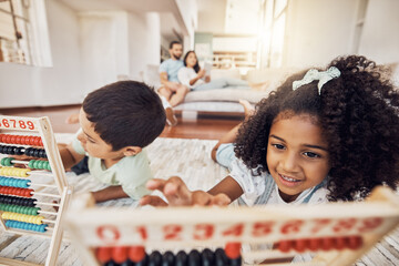 Poster - Children, education and abacus with a girl and boy learning maths on the floor of their living room at home. Kids, study and homework with a brother and sister in a house for growth and development