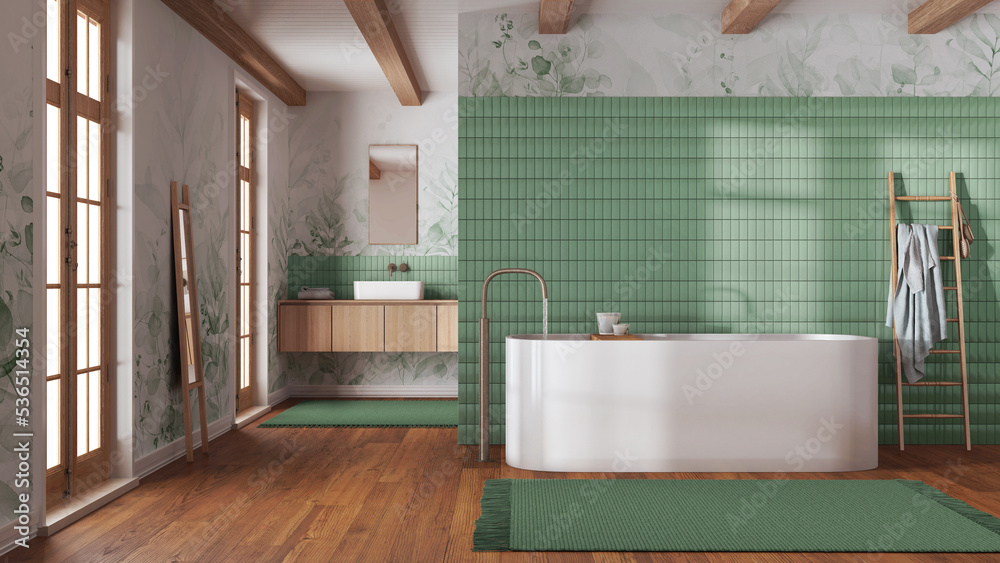 Japandi minimalist bathroom in white and green tones. Freestanding ...
