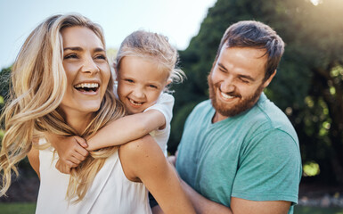 love, happy family and summer nature with child bonding together with young parents in the usa. pigg