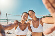 Volleyball women friends in selfie on beach and outdoor summer, fitness and wellness lifestyle. Young sports people taking photo together for healthy motivation or competition with smile and sunshine