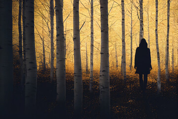 Wall Mural - Lone woman wanderer goes into Scary forest 3d illustrated 
