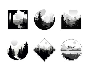 Poster - Monochrome Geometric Shapes with Wild Coniferous Forest Vector Set