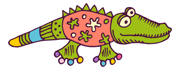 Poster - Green crocodile in hand drawn style. Funny soft toy