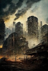 Wall Mural - Apocalyptic cityscape of city in ruins illustration design. Generative AI